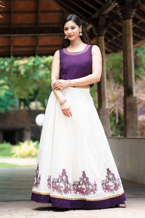 Krishna Mural Printed Skirtset - Pruple & Off-White