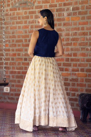 Floral Printed Brocade Skirtset - Blue & Off- White
