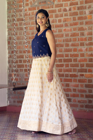 Floral Printed Brocade Skirtset - Blue & Off- White