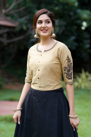 Kathakali Printed & Embroidered Skirtset - Black & Beige
