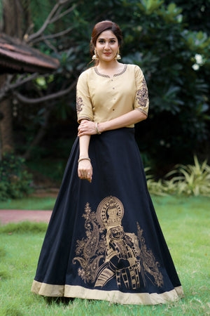 Kathakali Printed & Embroidered Skirtset - Black & Beige
