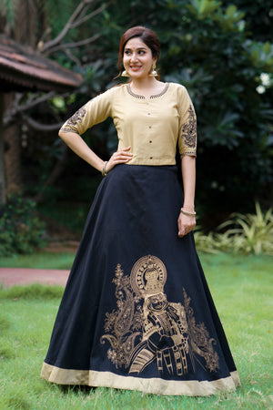 Kathakali Printed & Embroidered Skirtset - Black & Beige