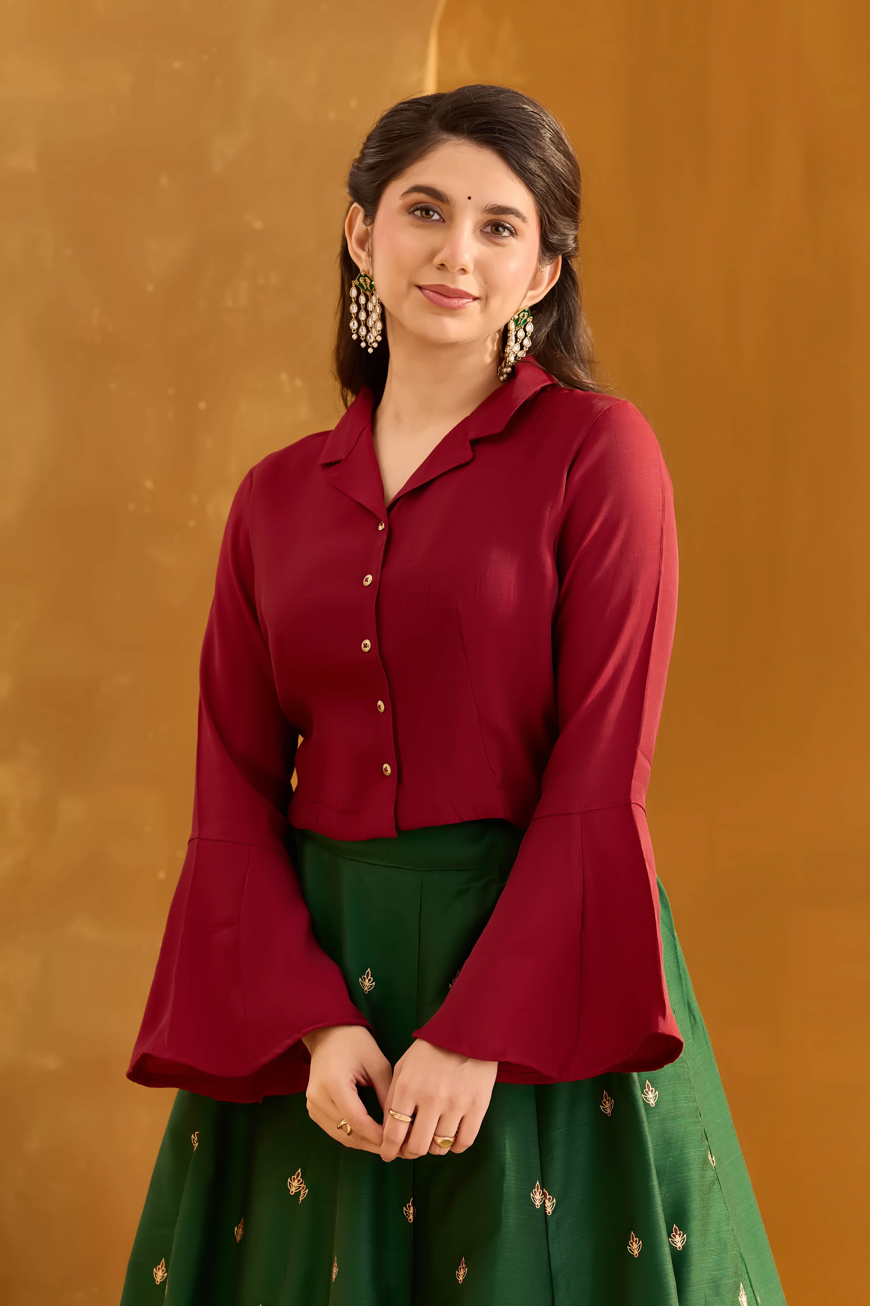 Maroon & Green Scallop Skirt Set