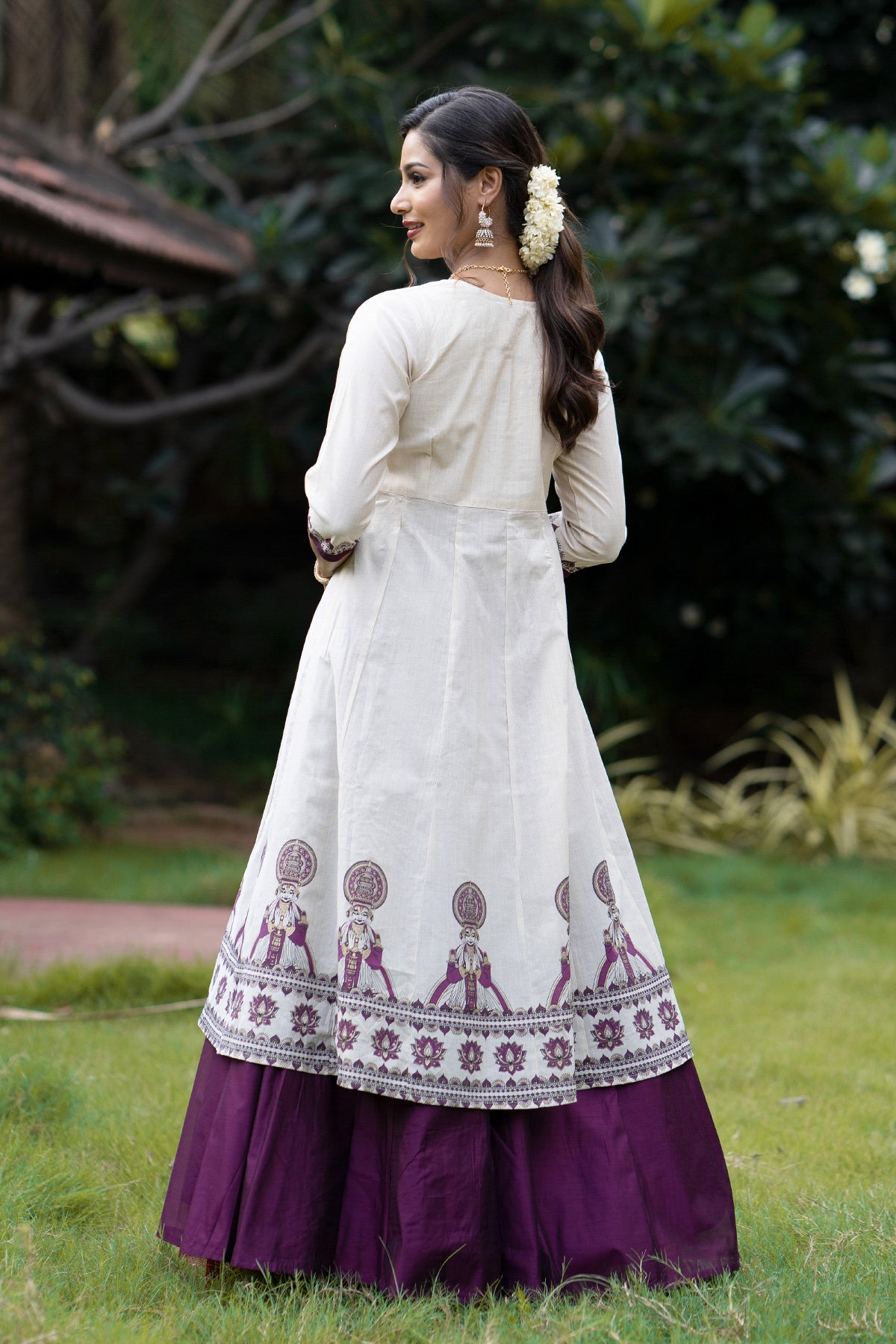 Kathakali Printed Skirtset with Front Slit - Purple & Off-White
