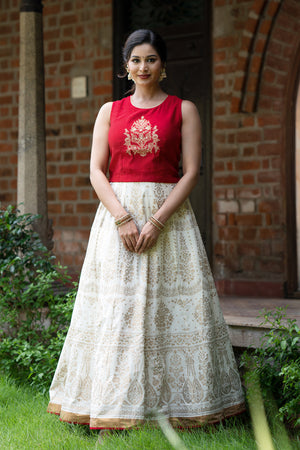 Floral Embroidered & Printed Skirtset - Red & Off-White
