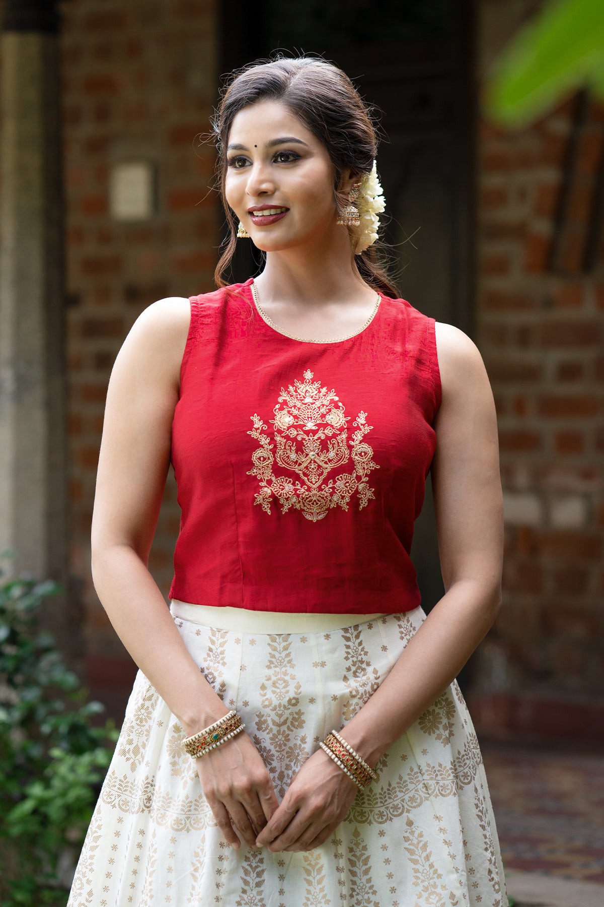 Floral Embroidered & Printed Skirtset - Red & Off-White
