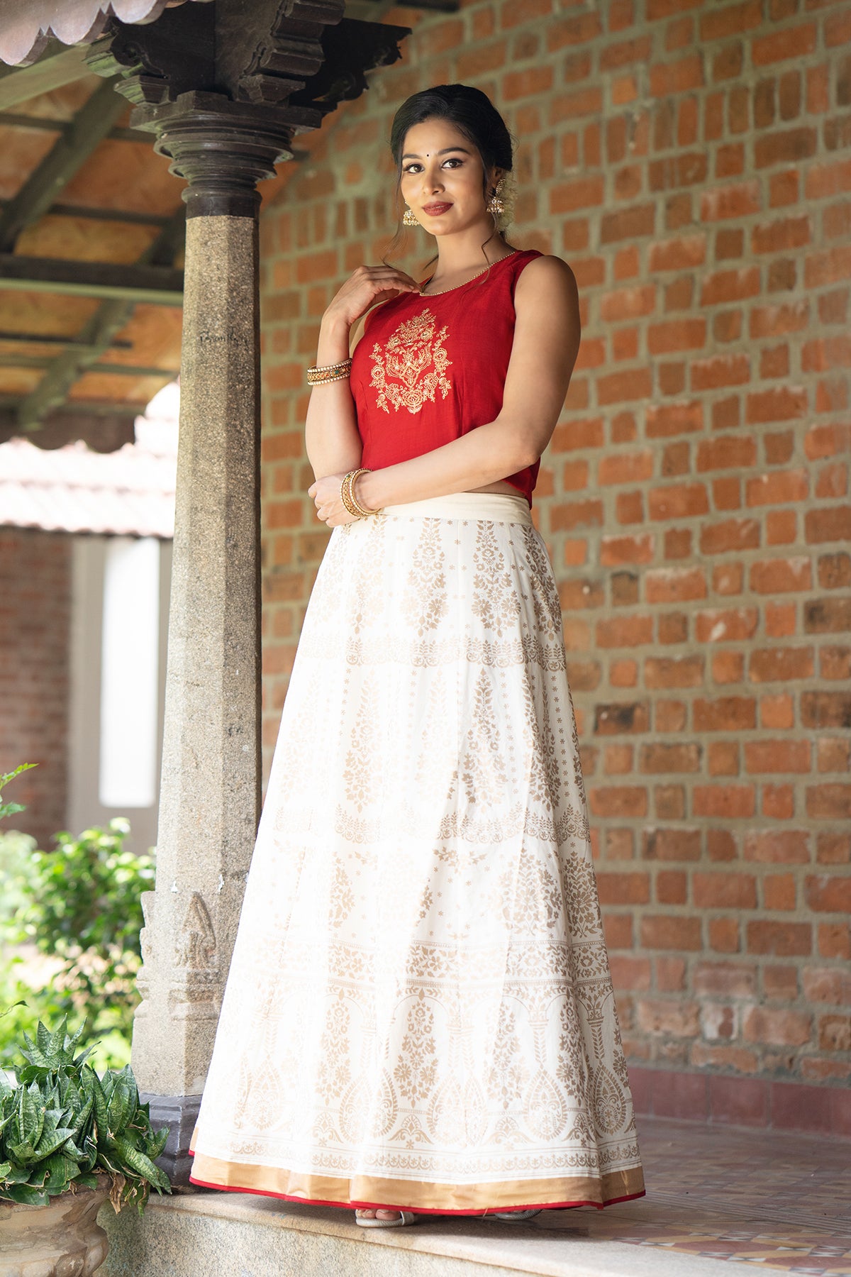 Floral Embroidered & Printed Skirtset - Red & Off-White
