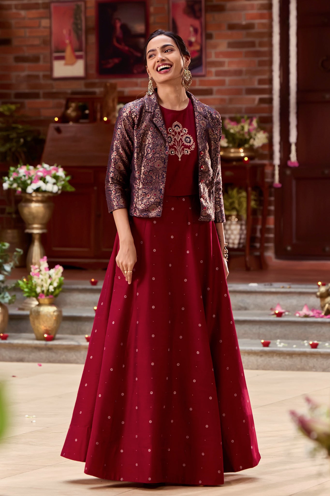 Maroon Foil Mirror Embroidered Crop Top Golden Print Skirt Set