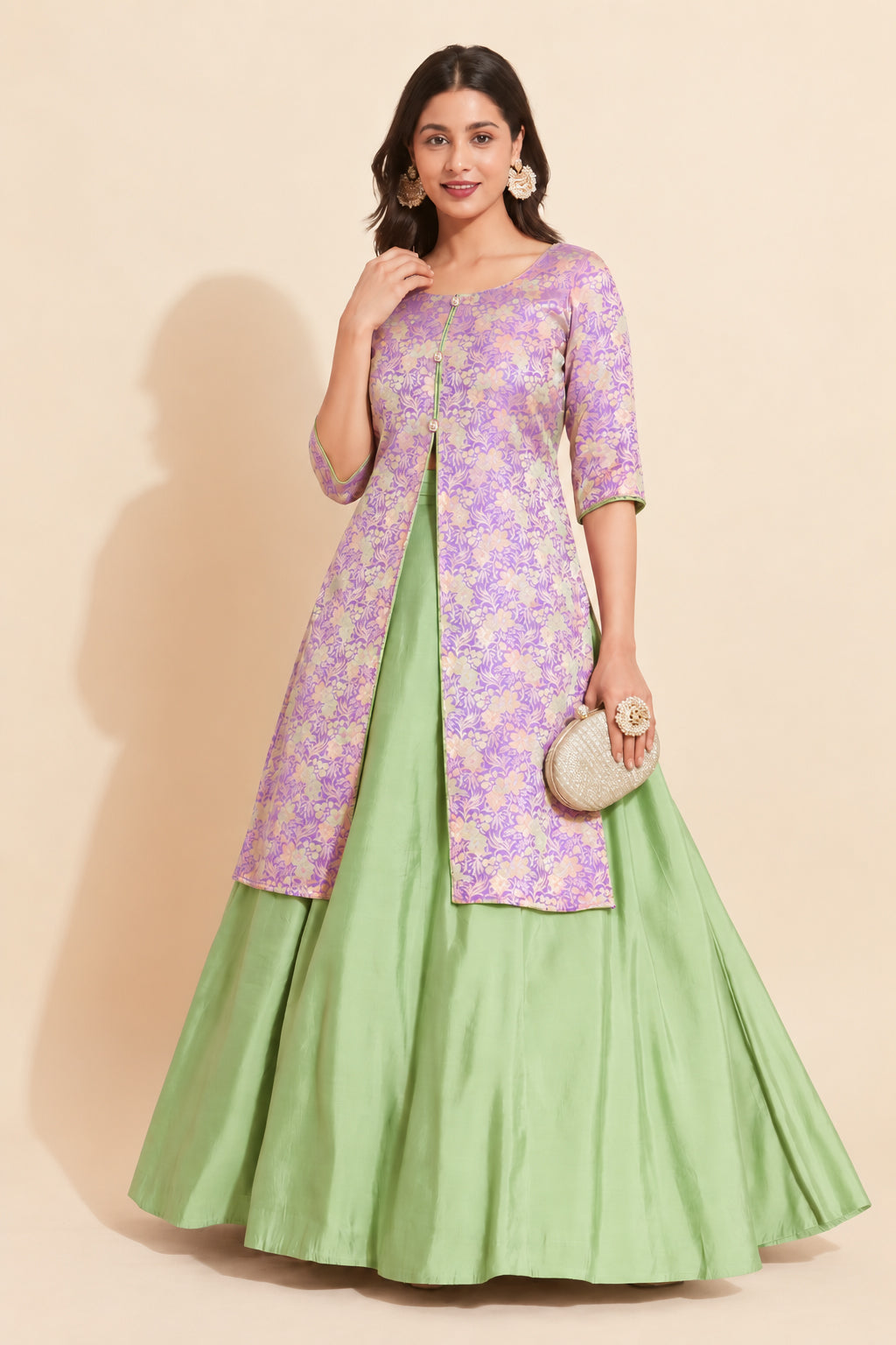 Lavender Floral Brocade Tunic With Green Circular Skirt Set