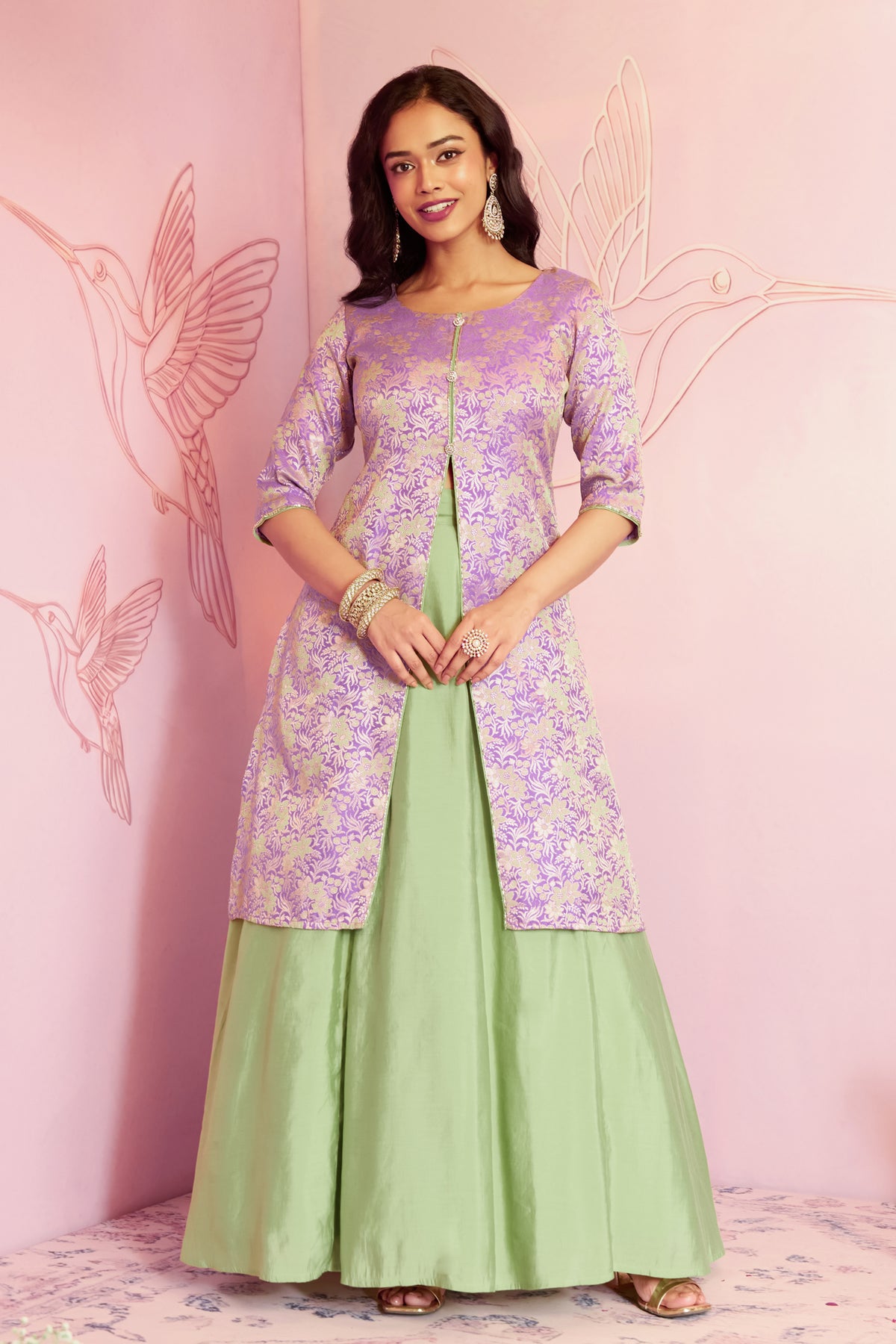 Lavender Floral Brocade Tunic With Green Circular Skirt Set
