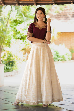 Floral Embroidered Skirt set - Burgundy & Off-White
