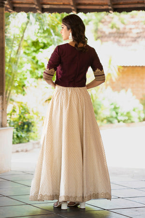 Floral Embroidered Skirt set - Burgundy & Off-White
