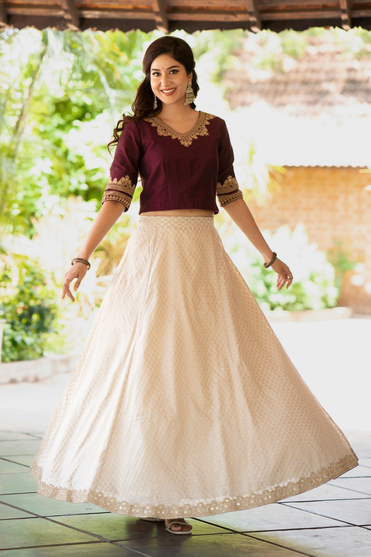 Floral Embroidered Skirt set - Burgundy & Off-White