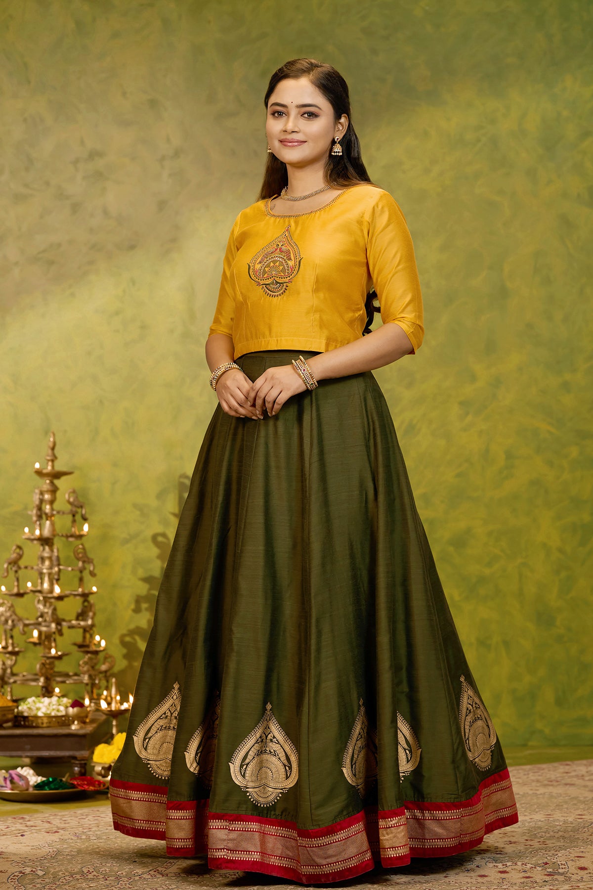 Peacock Embroidered & Printed Skirtset - Green & Mustard