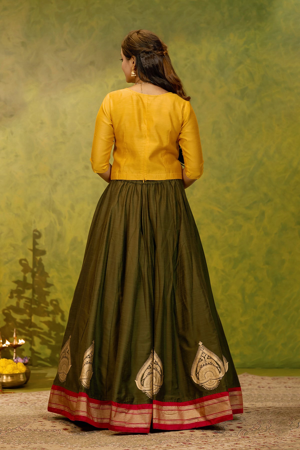 Peacock Embroidered & Printed Skirtset - Green & Mustard