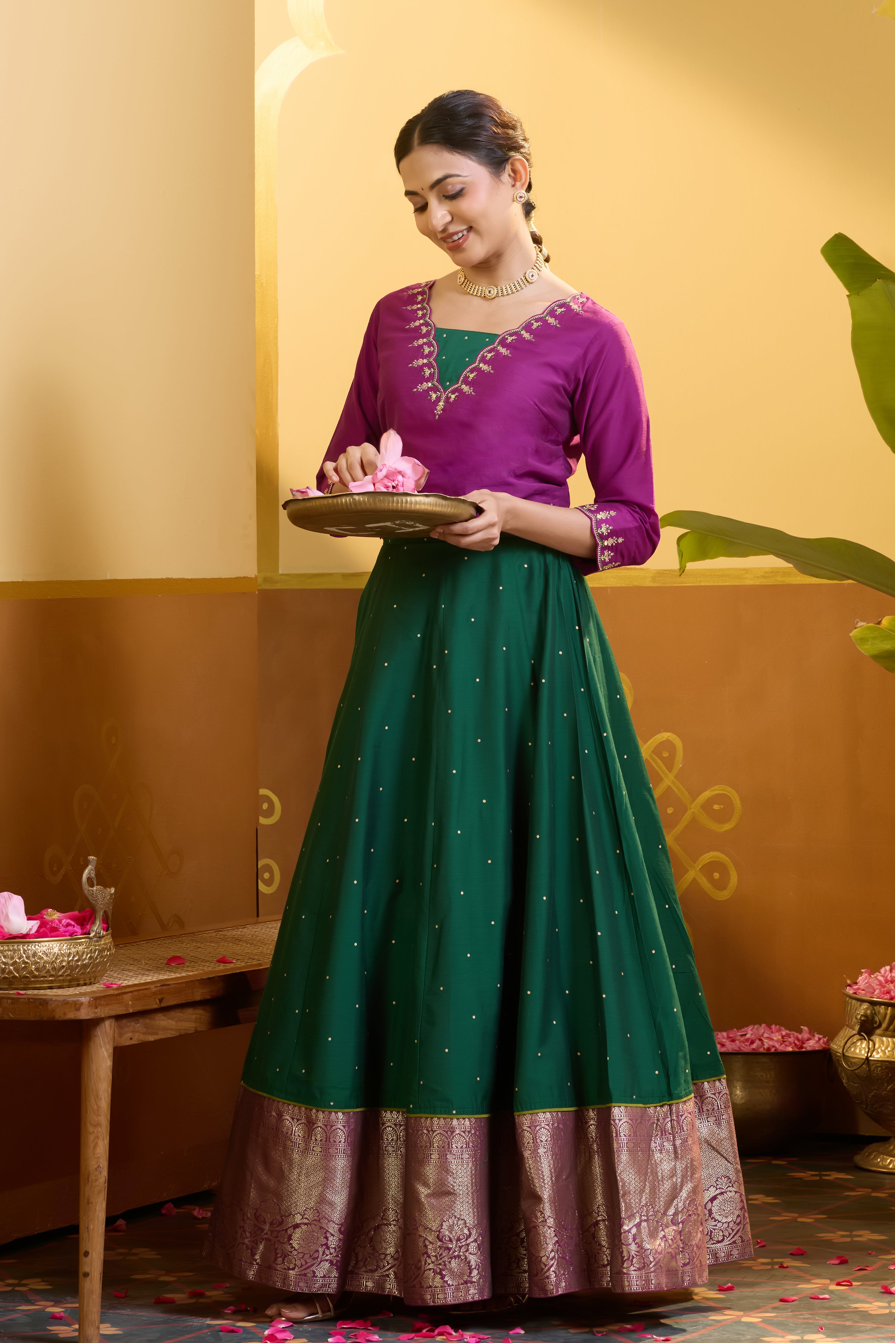 Floral Embroidered Magenta & Green Skirtset with Scallop Hem