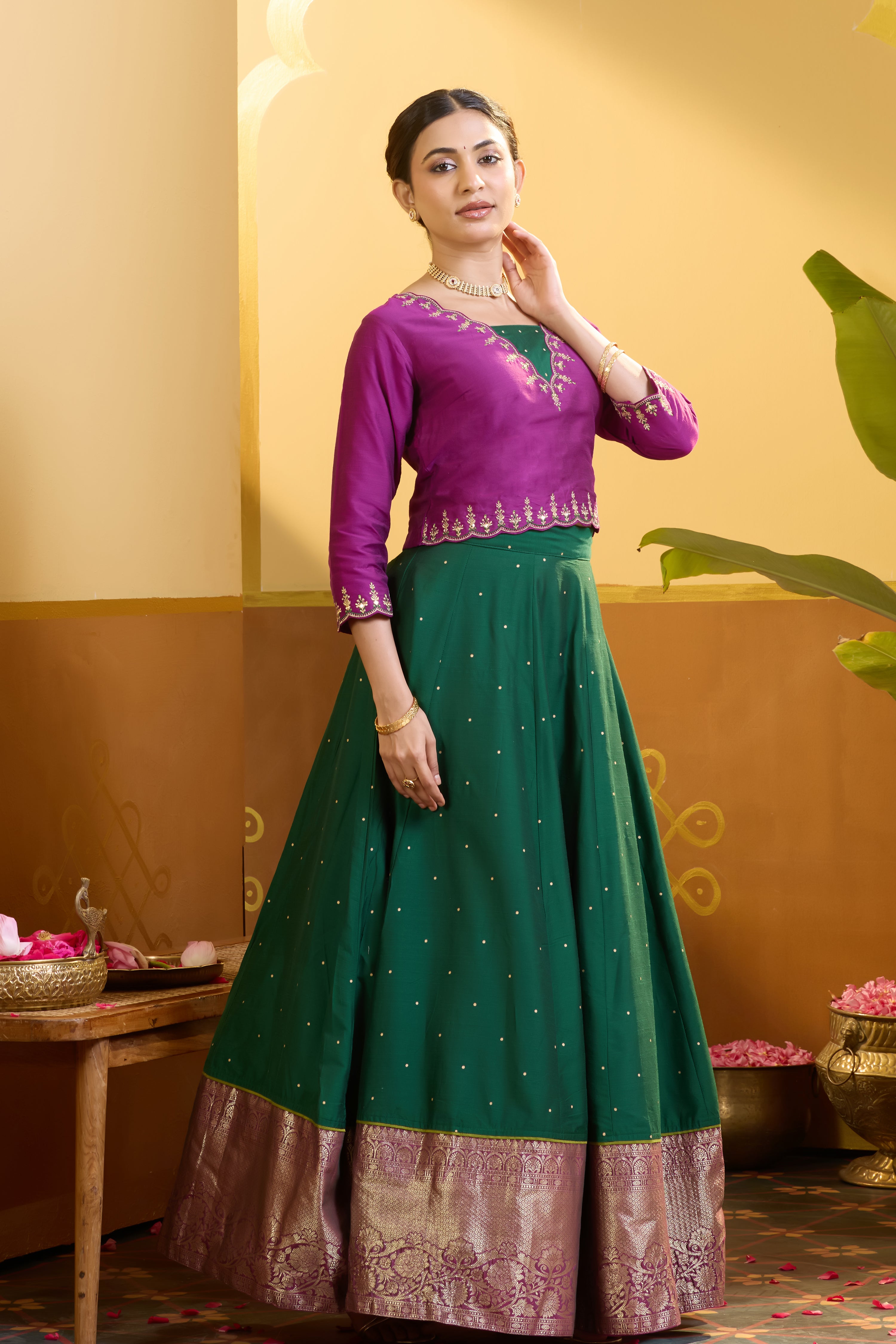 Floral Embroidered Magenta & Green Skirtset with Scallop Hem