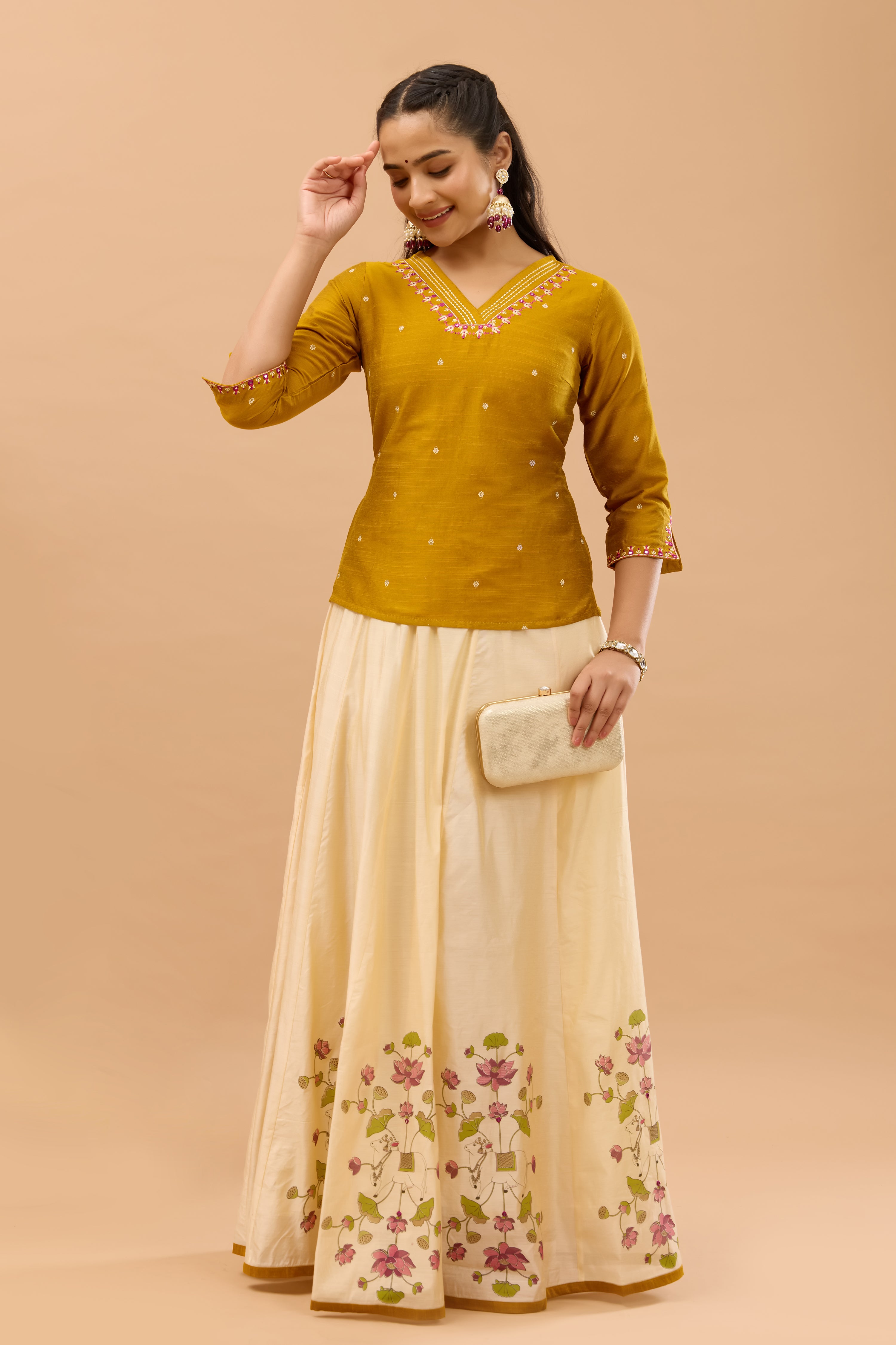 Pichwai Printed & Embroidered Mustard & Off-white Skirtset