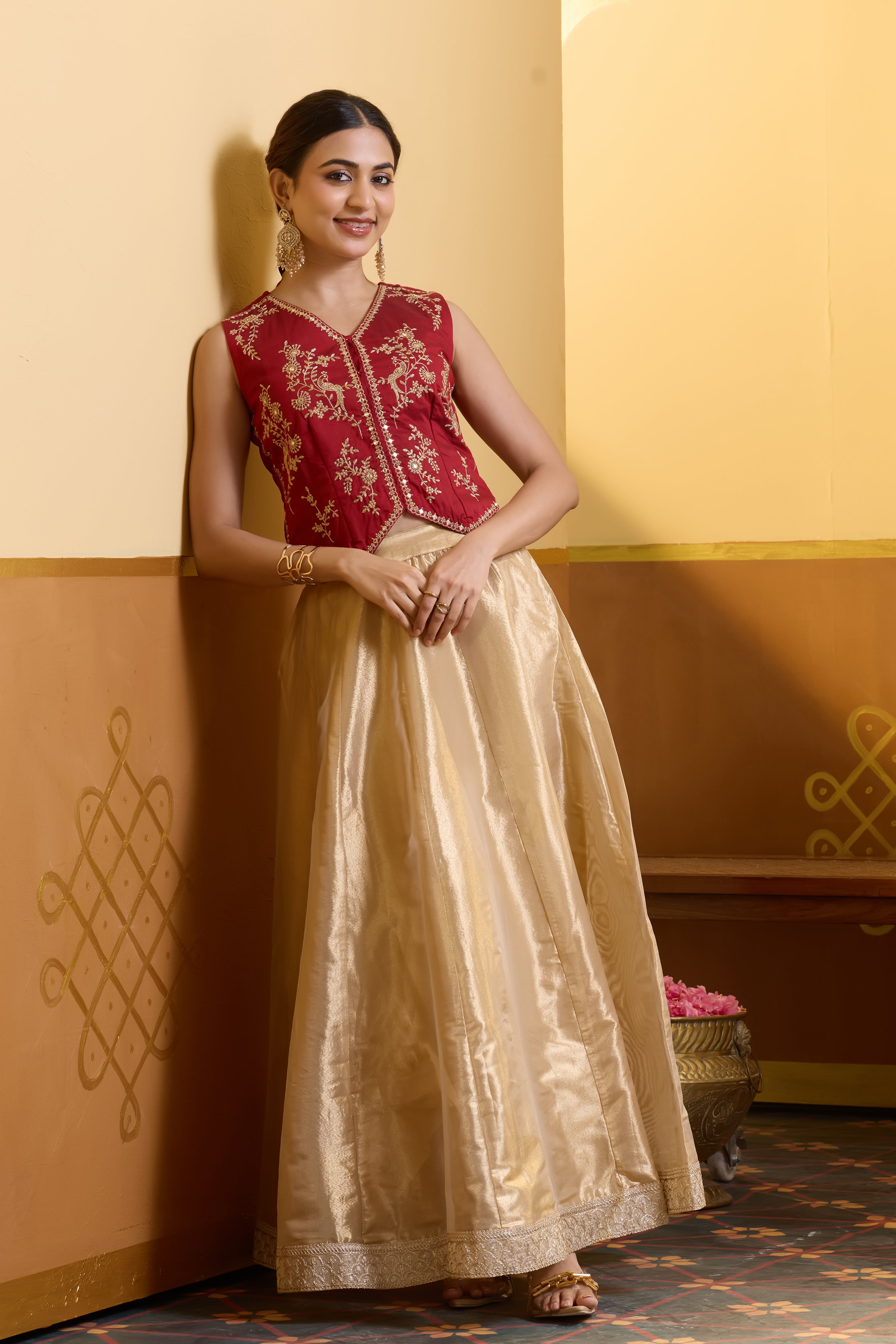 Peacock Floral Embroidered Red Waist Coat Top with Tissue Beige Skirt