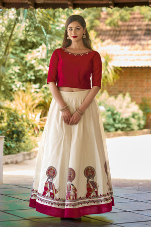 Kathakali Printed & Embroidered Skirtset - Red & Off-White
