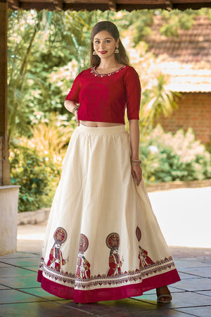 Kathakali Printed & Embroidered Skirtset - Red & Off-White
