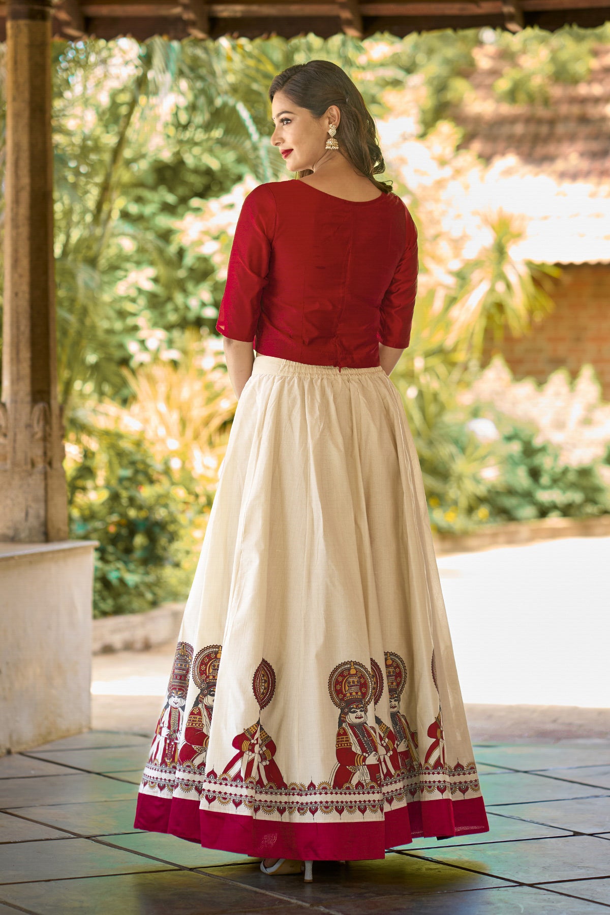 Kathakali Printed & Embroidered Skirtset - Red & Off-White
