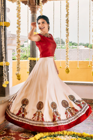 Kathakali Printed & Embroidered Skirtset - Red & Off-White