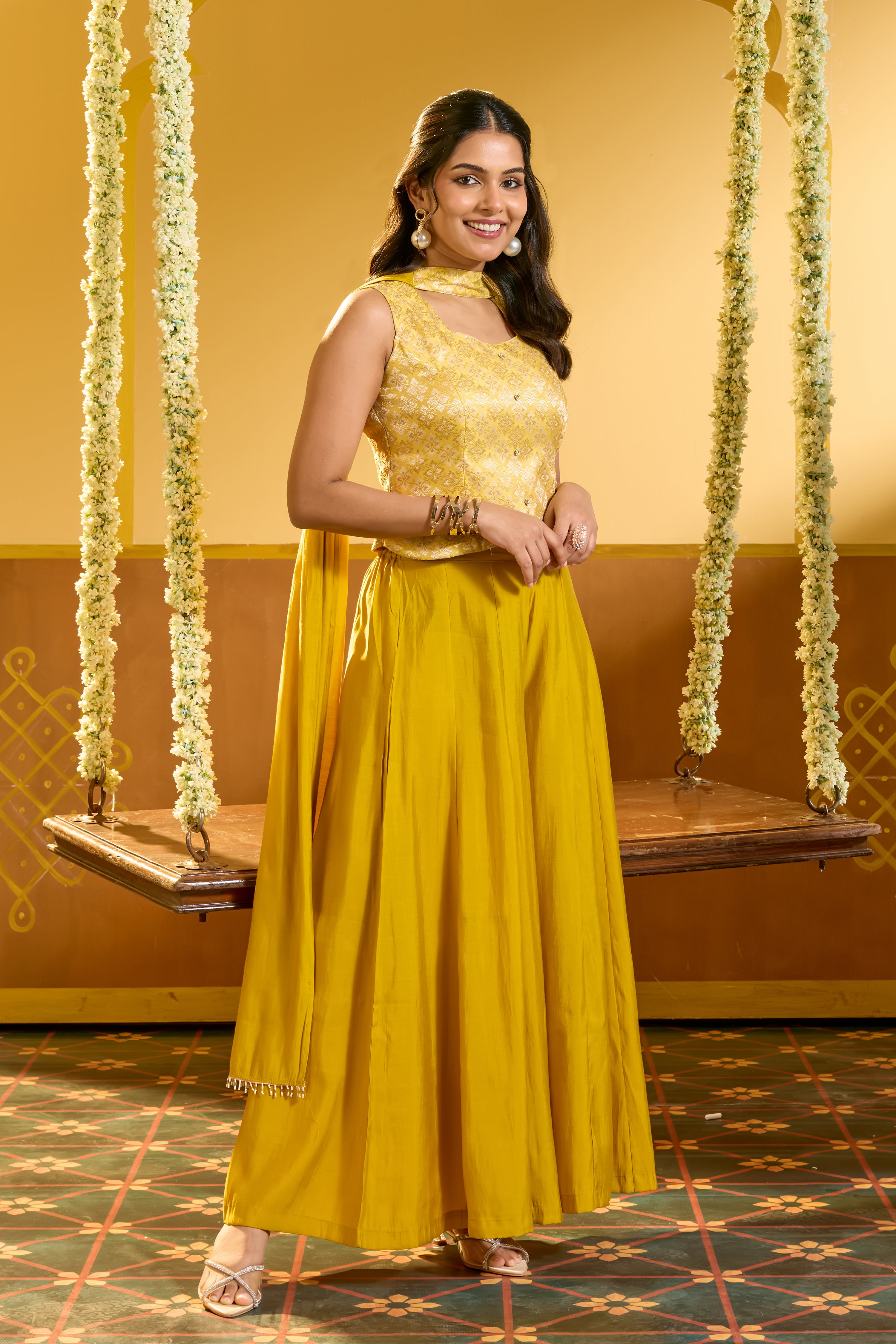 Yellow Brocade Crop top with Divided Skirt & Jewelled Dupatta