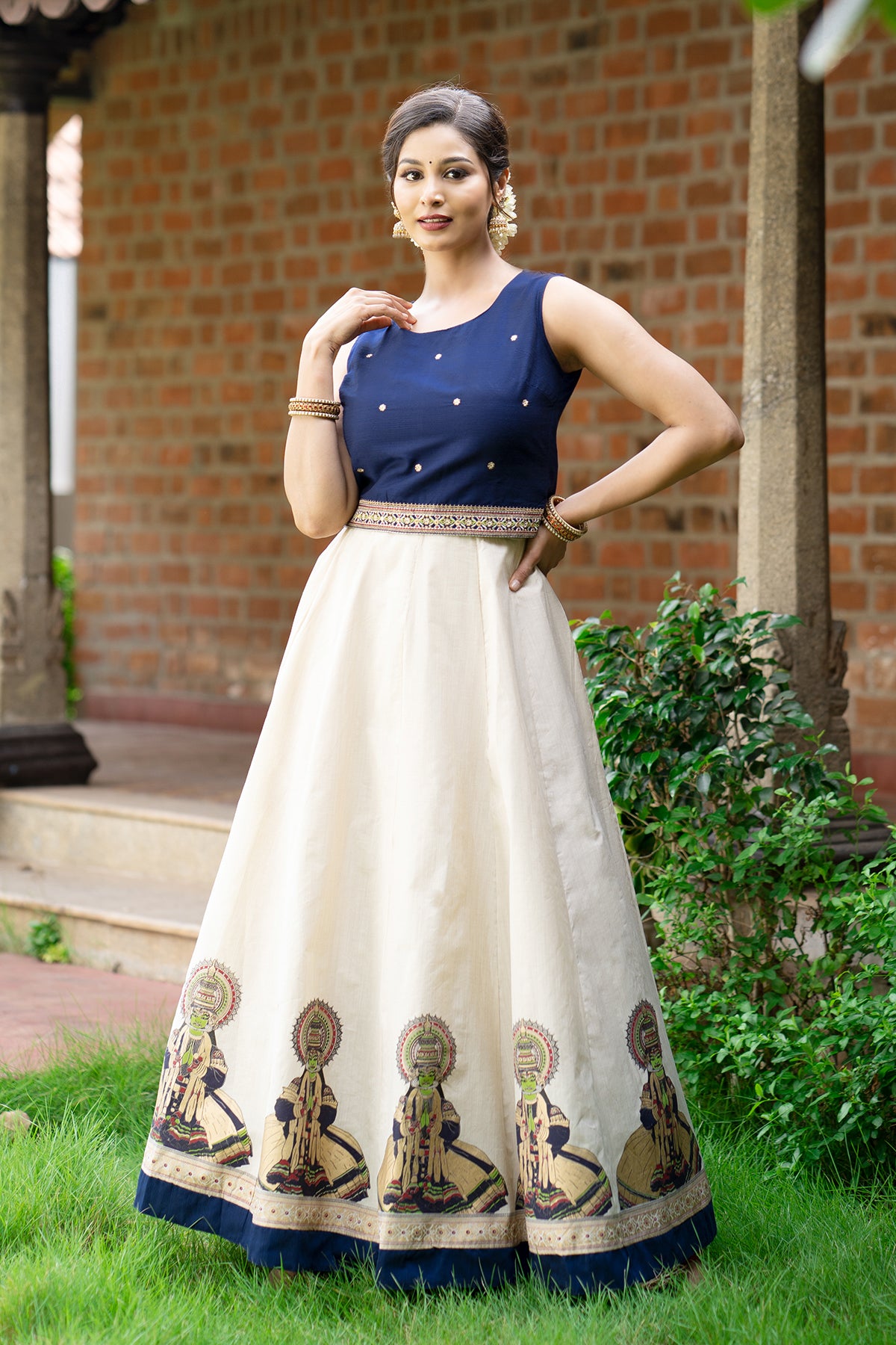 Kathakali Printed Floral Embroidered Skirt set - Blue & Off-White
