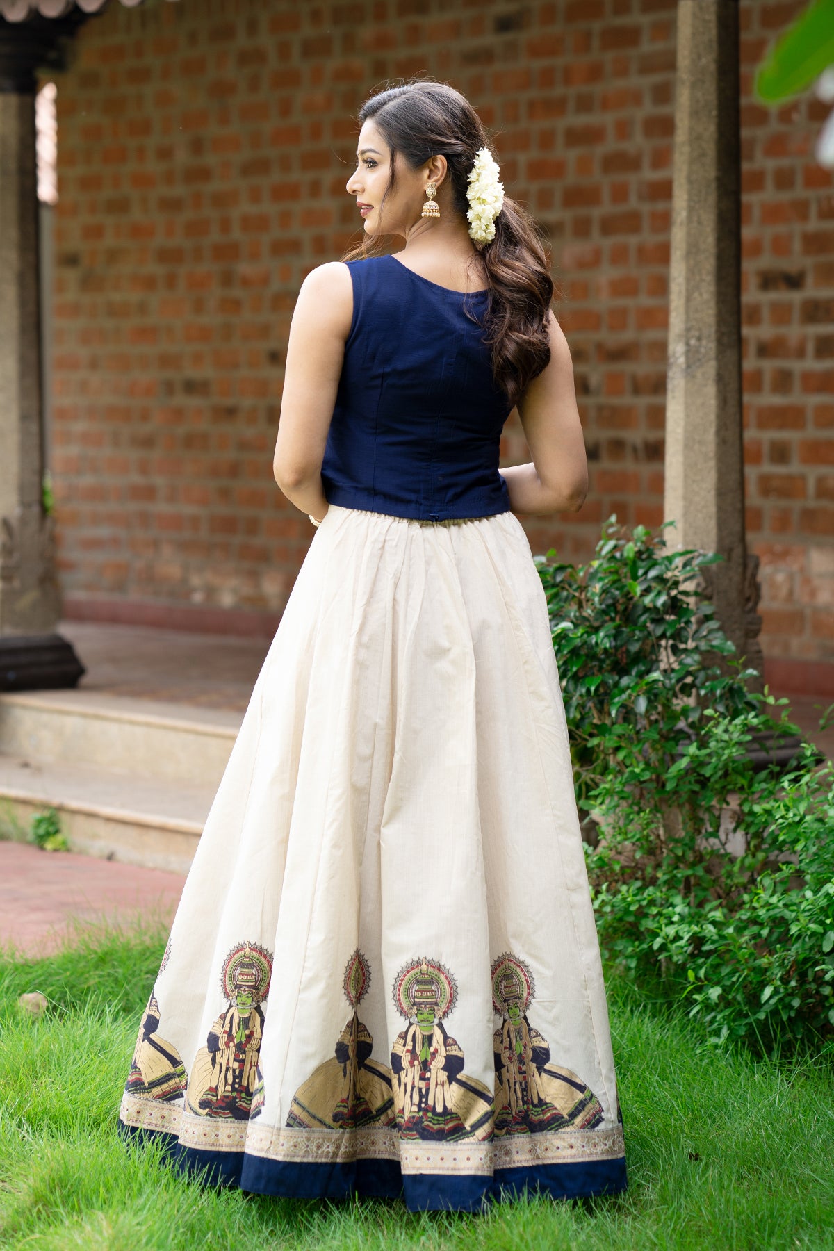 Kathakali Printed Floral Embroidered Skirt set - Blue & Off-White
