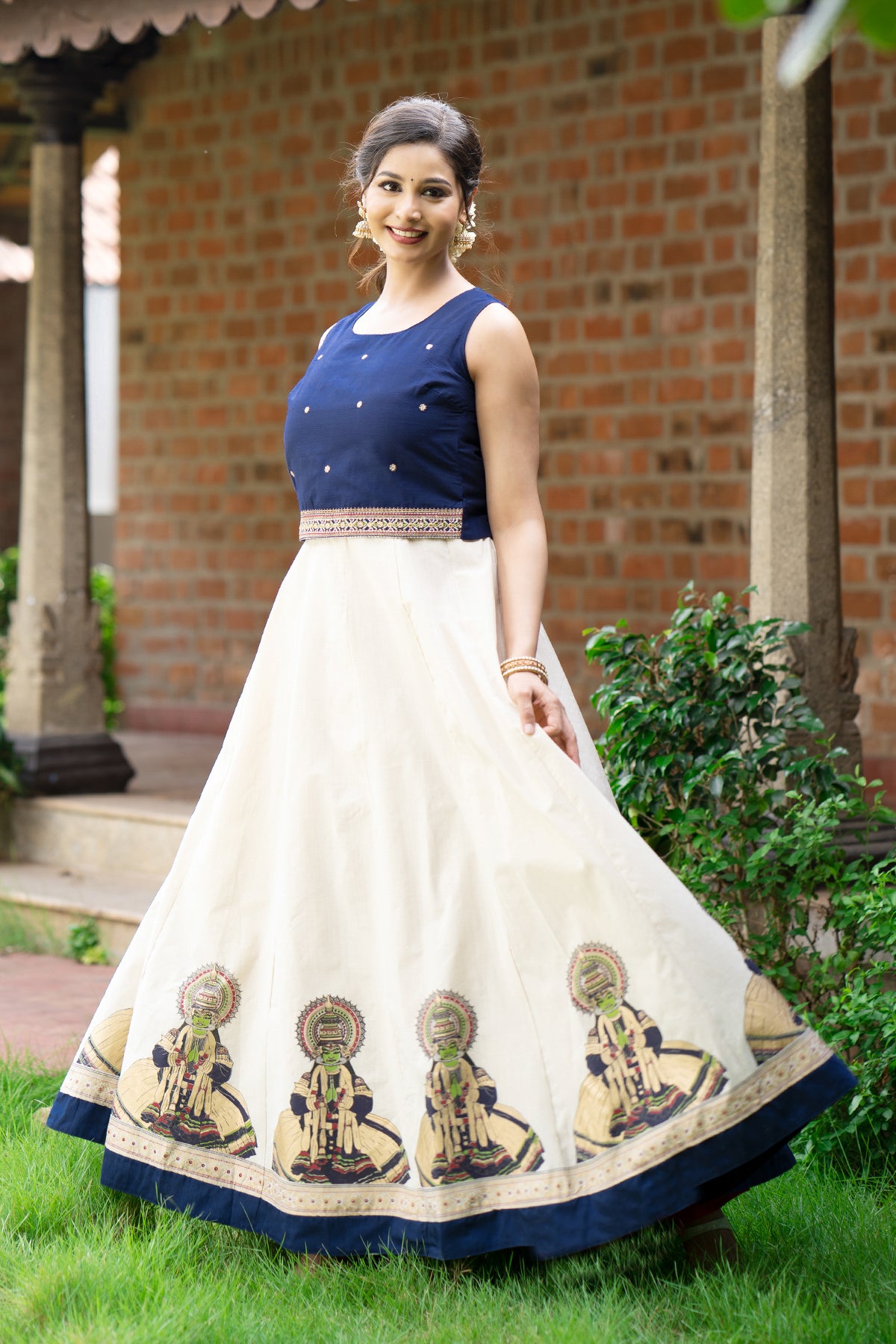 Kathakali Printed Floral Embroidered Skirt set - Blue & Off-White