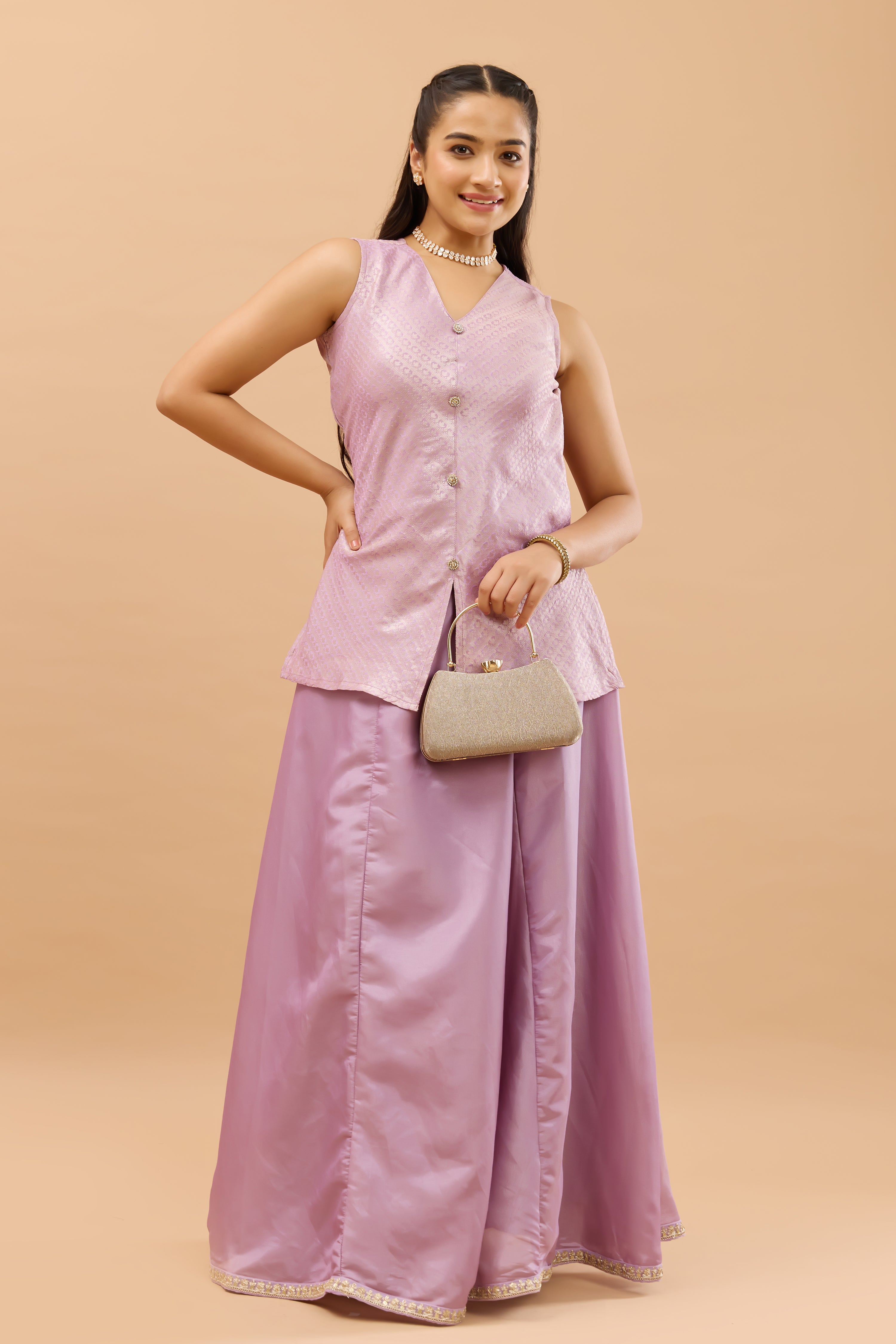 Lilac Brocade Top with Lace Embellished Skirt & Jewelled Button