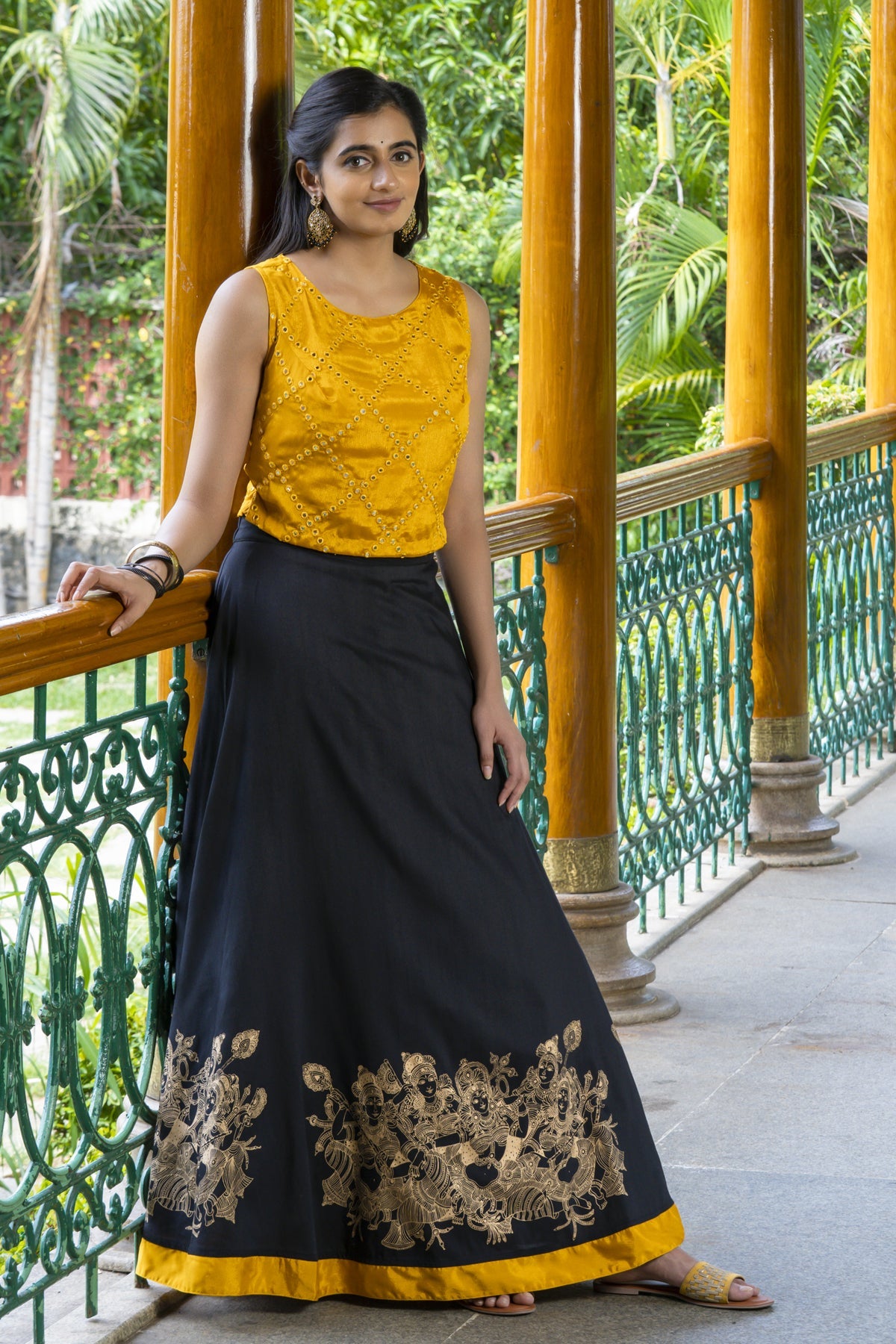 Mural Foil Printed Skirtset with Sequence Top - Mustard & Black