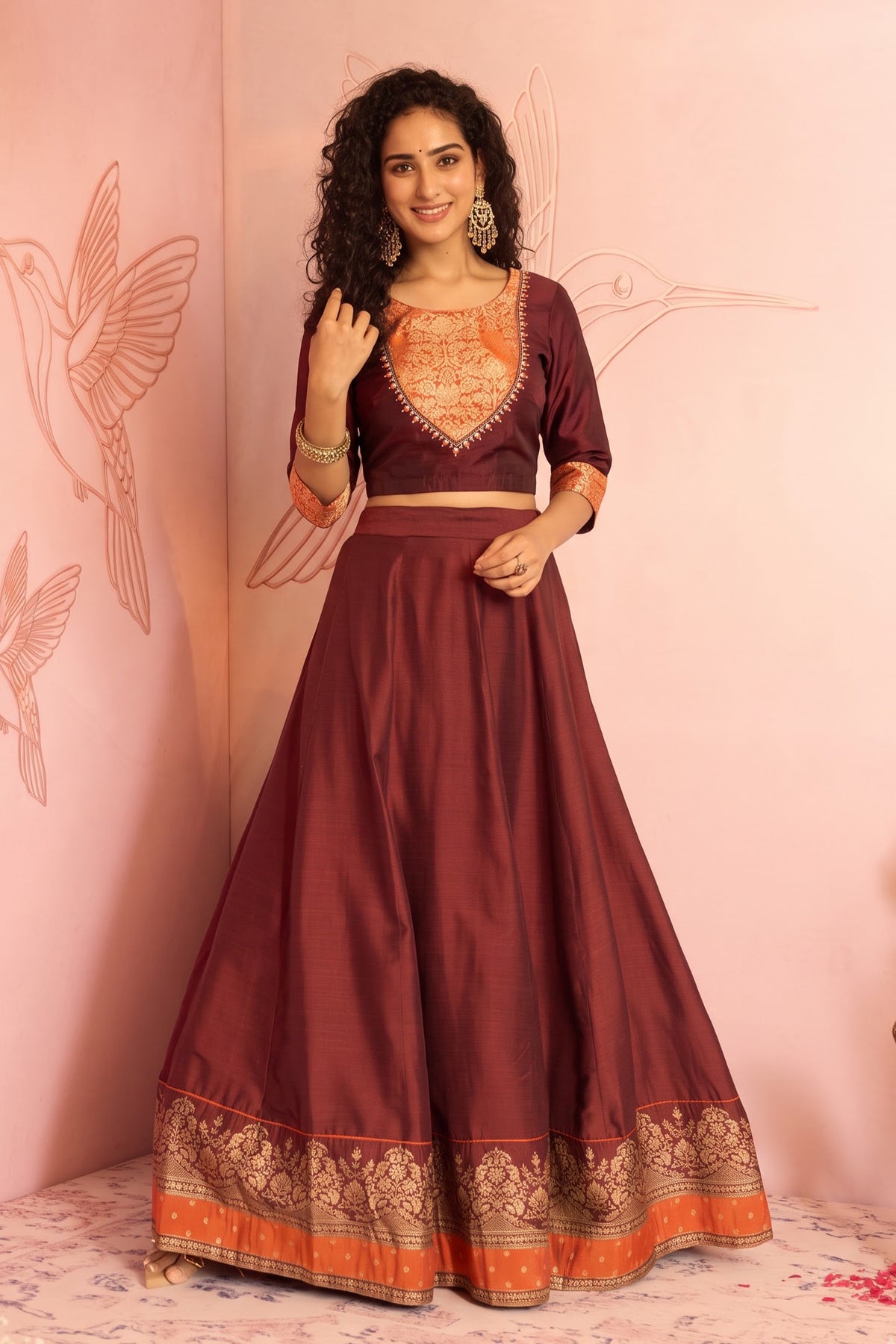 Brown and Rust Floral Top With Brown Solid Panelled Skirt Set