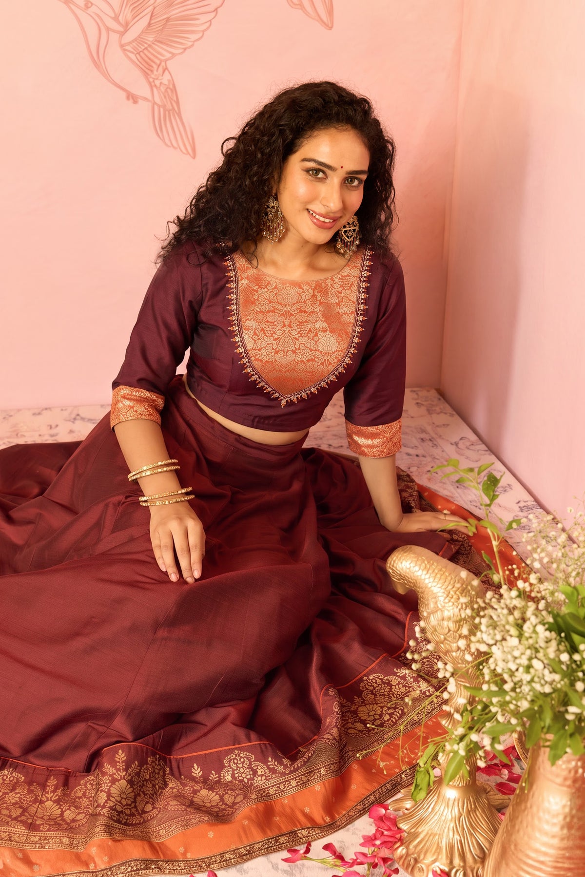 Brown and Rust Floral Top With Brown Solid Panelled Skirt Set