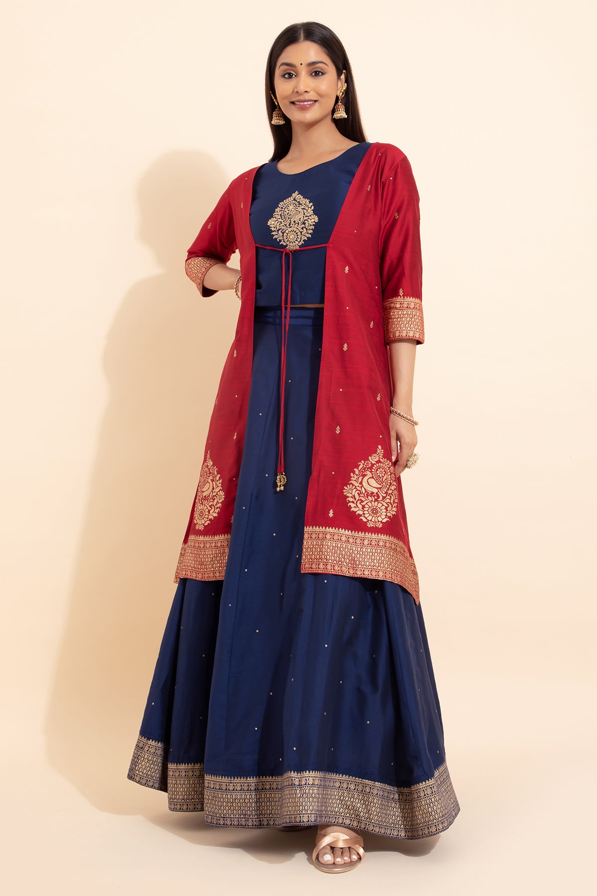 Peacock Embroidered Skirt set with Printed Overcoat - Navy Blue & Red