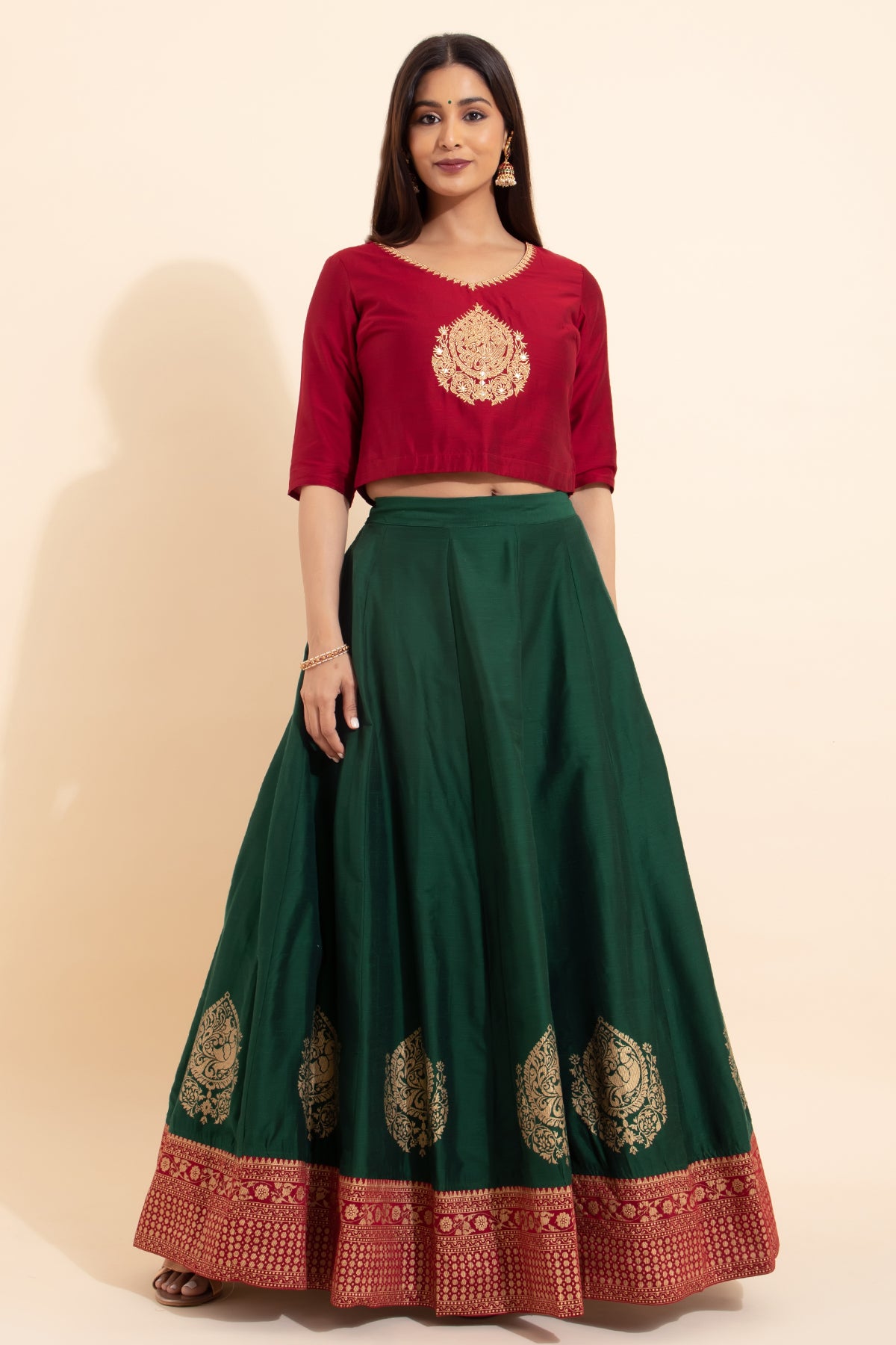 Peacock Embroidered Skirt set - Red & Green