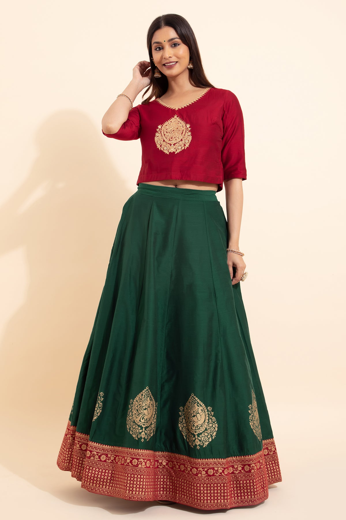 Peacock Embroidered Skirt set - Red & Green