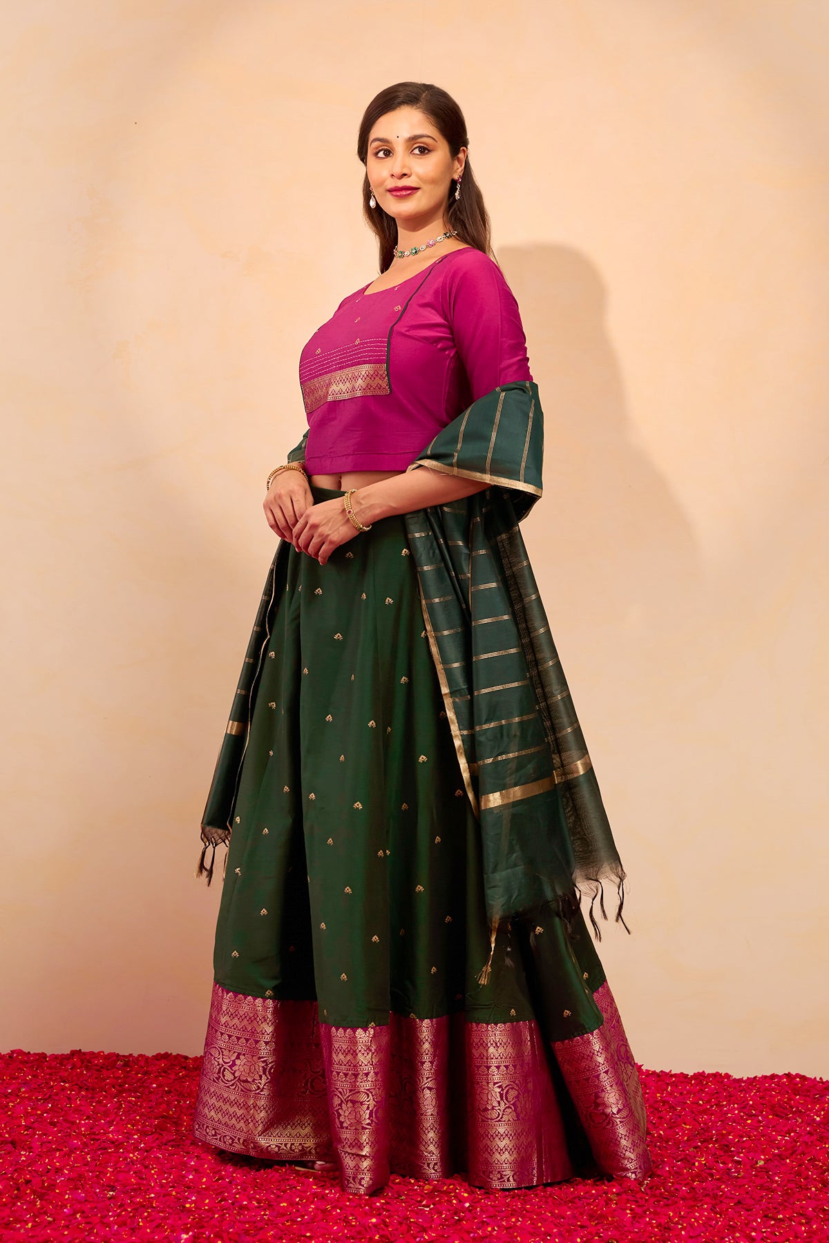 Zari Embellished Skirtset with Striped Dupatta - Green & Pink
