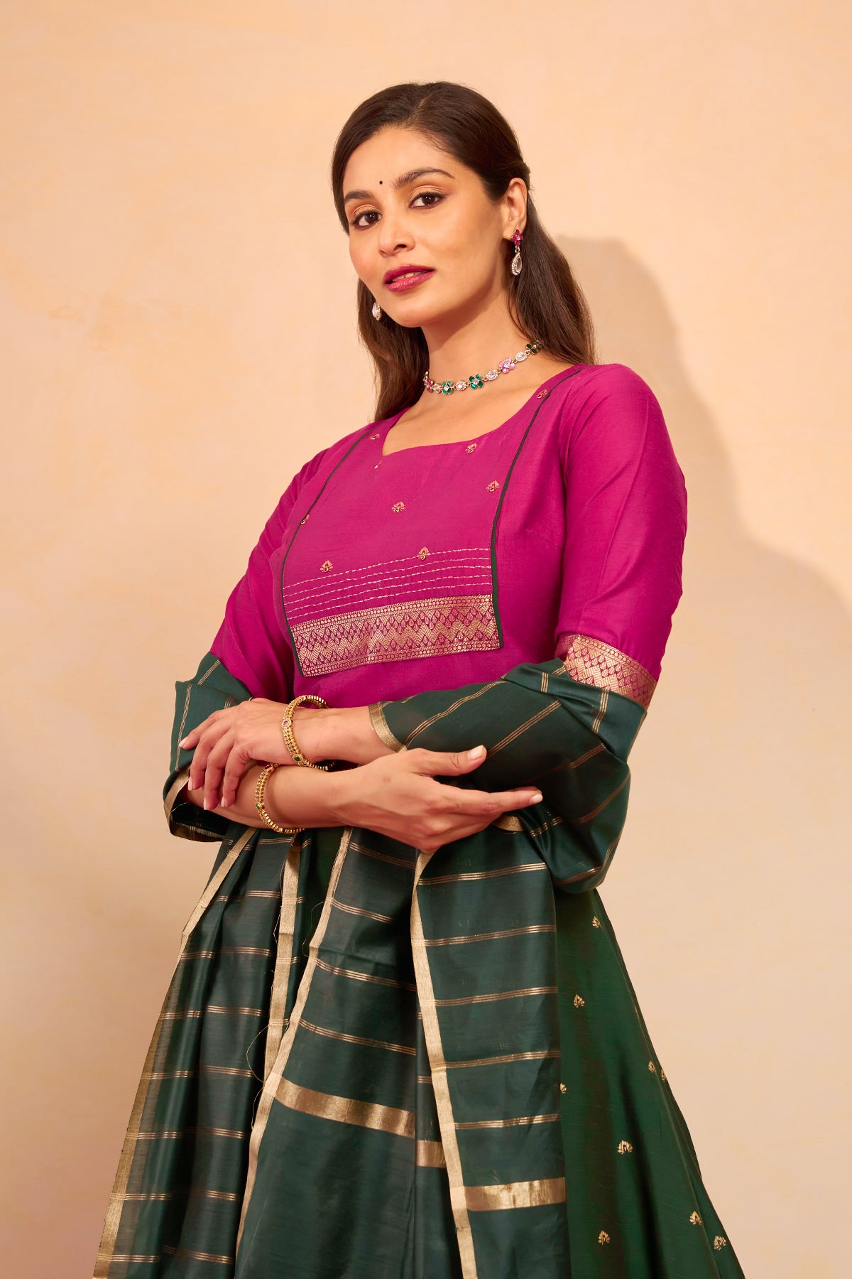 Zari Embellished Skirtset with Striped Dupatta - Green & Pink
