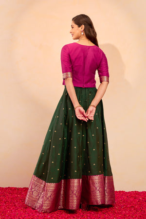 Zari Embellished Skirtset with Striped Dupatta - Green & Pink
