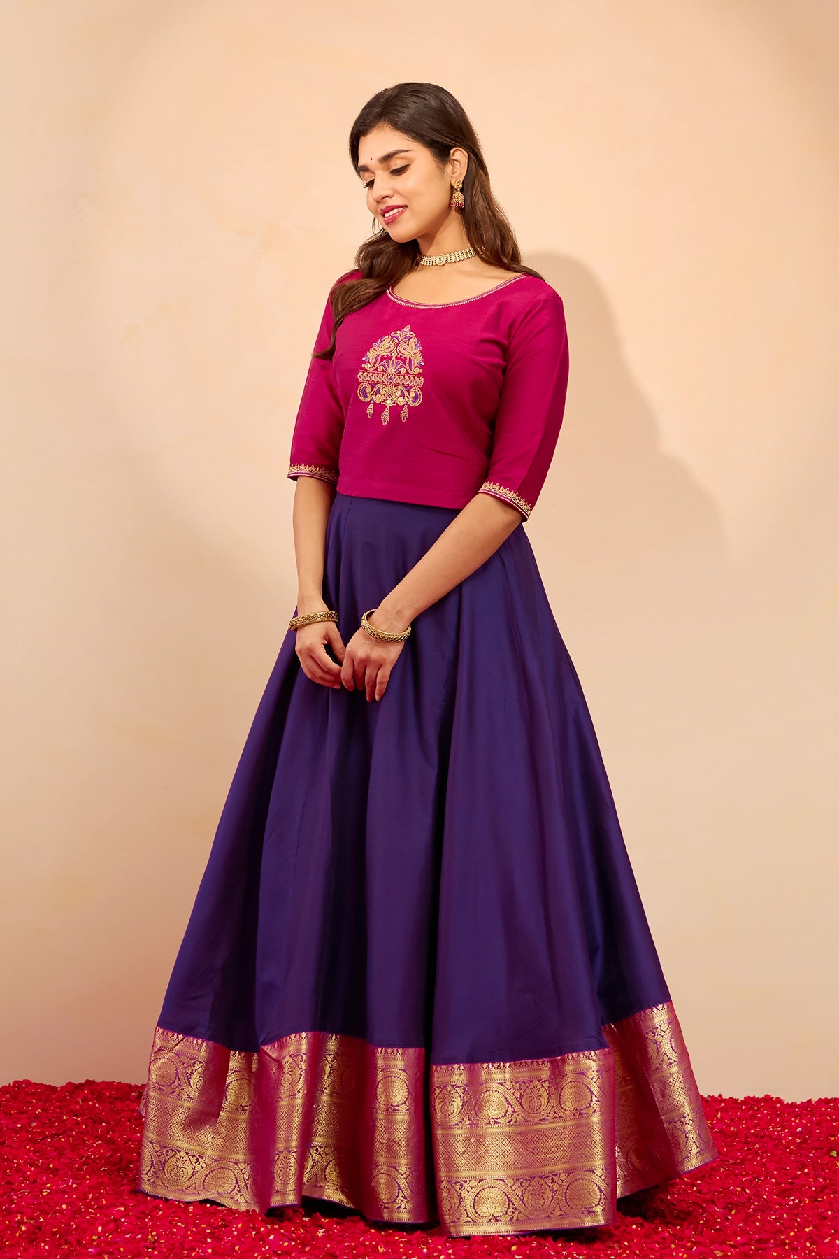 Peacock Embroidered Skirtset with Zari Border - Pink & Purple