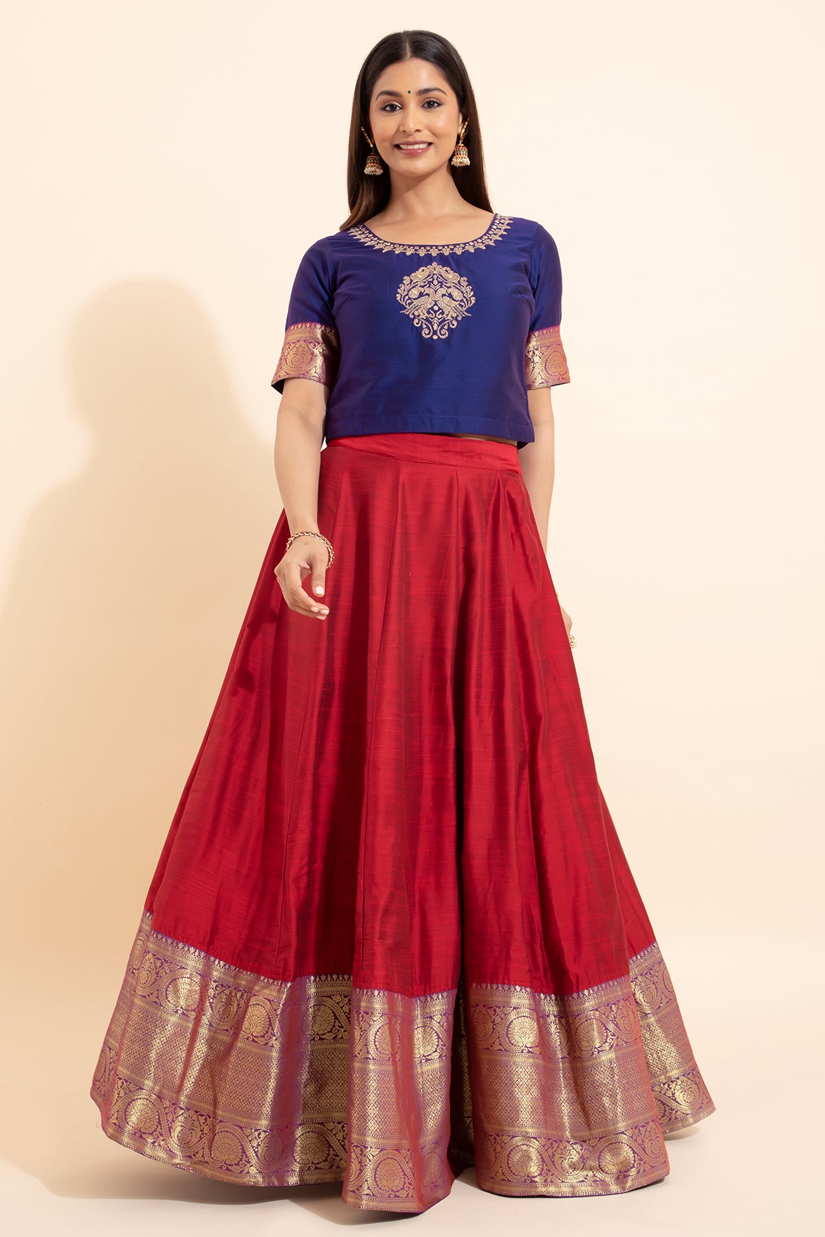 Bird Motif Embroidered Skirt set with Zari Border - Red & Purple
