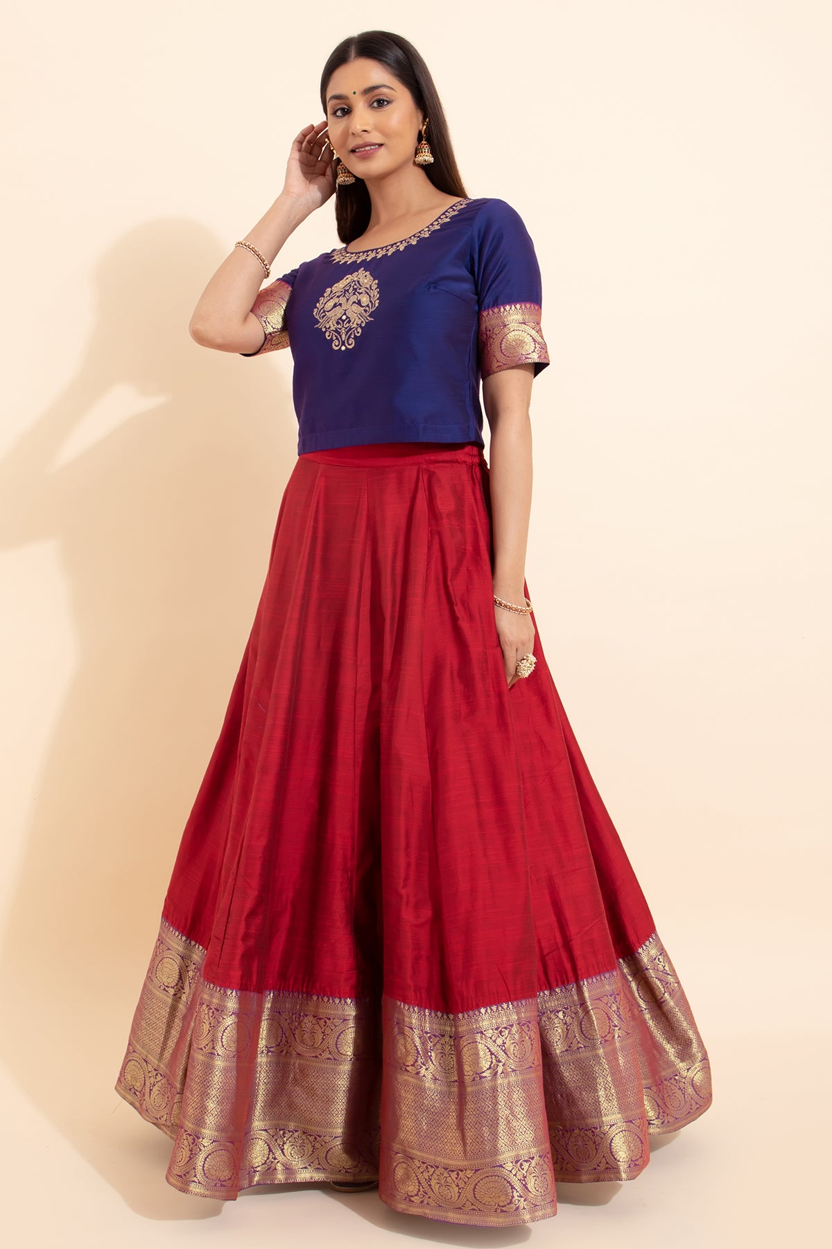 Bird Motif Embroidered Skirt set with Zari Border - Red & Purple