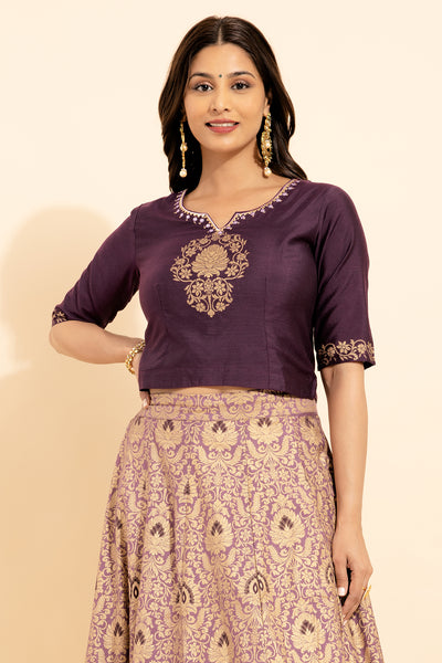 Geometric Embroidery Neckline With Floral Printed Skirt Set - Purple