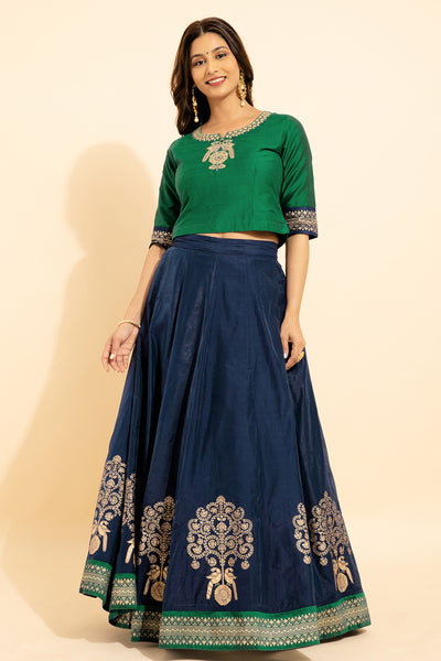 Peacock Placement Embroidered With Foil Mirror Embellished Top Floral Printed Skirt Set Green Navy Blue