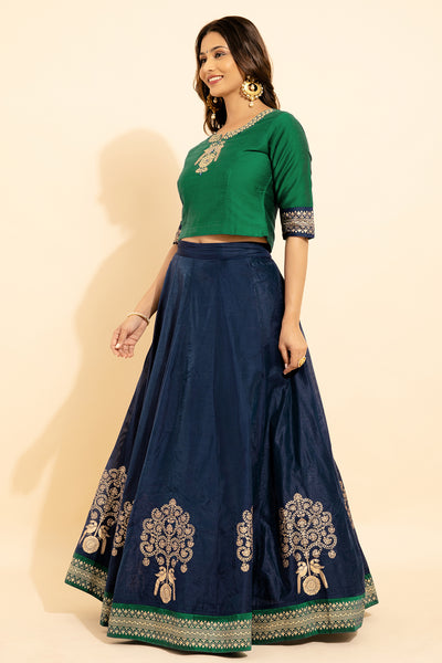 Peacock Placement Embroidered With Foil Mirror Embellished Top & Floral Printed Skirt Set - Green & Navy Blue