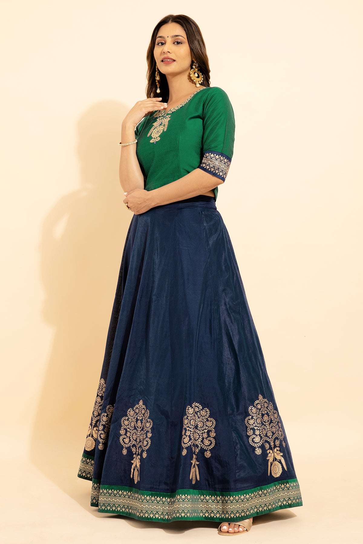 Peacock Placement Embroidered With Foil Mirror Embellished Top & Floral Printed Skirt Set - Green & Navy Blue