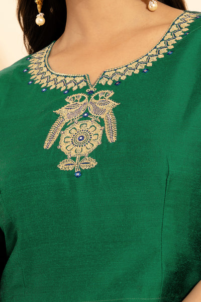 Peacock Placement Embroidered With Foil Mirror Embellished Top Floral Printed Skirt Set Green Navy Blue