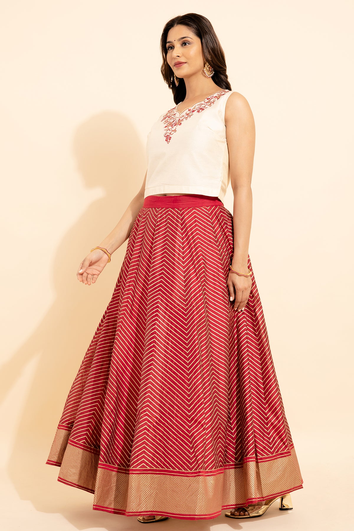 Floral Embroidered Neckline Top & Stripe Printed Skirt Set - Off White & Red